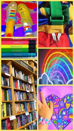 there are many books and toys in this collage