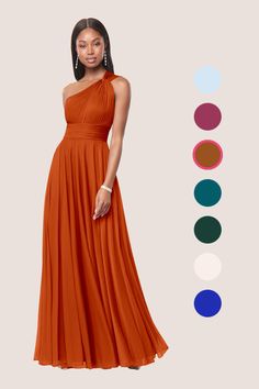 a woman in an orange dress standing next to color swatches for the same image