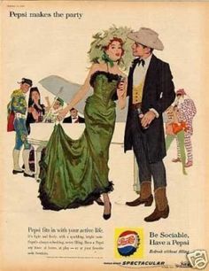 an old advertisement for pepsi with a man and woman dressed in formal clothing, dancing