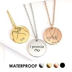 Personalized hand gesture necklace. This necklace makes a great gift for mom, girlfriend, sister and best friends and bridesmaid. We can engrave one of the three hand gesture designs available on the front. The disc necklace is made of stainless steel and it measures 0.8" /18mm available in four colors: gold, rose gold, black and silver. The pendant comes with and adjustable stainless steel (18-20") chain that will fit just perfect on any body type. ♥ FRONT AND BACK SIDE ENGRAVING DETAILS This keepsake is engraved on the front with your custom request of pinky promise symbol , the back side can be blank or you can select from the second drop box menu to add any of the following options: OPTION 1: "NO engraving on back" - We will not engrave anything on the back, the back will be blank. OPT Best Friend Gift Pendant Charm Necklaces For Mother's Day, Pendant Charm Necklaces For Best Friend And Mother's Day, Friendship Necklace With Round Pendant For Mother's Day, Round Friendship Necklaces For Valentine's Day, Friendship Round Pendant Necklace For Mother's Day, Valentine's Day Friendship Necklace With Round Pendant, Round Necklaces For Friendship On Valentine's Day, Round Necklaces For Valentine's Day Friendship, Round Valentine's Day Friendship Necklace