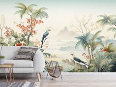 a living room scene with a couch and wall mural