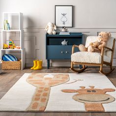 a child's room with a rocking chair and teddy bear