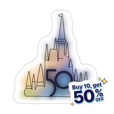 a sticker with the words 50 % off on it and a castle in the background