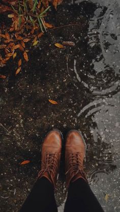 a person wearing brown shoes standing next to a body of water with leaves on the ground