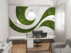 a room with a couch, chair and desk in front of a moss covered wall