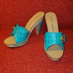 Chinese Laundry Turquoise Slip On Stiletto Clogs Beautiful Faux Leather Turquoise Wood Stiletto Clogs With Faux Leather Accent On The Heel, With Studs. Never Worn. Factory Condition. With Box. Please See Pictures For Measurements And Condition. Chinese Laundry Heels, Chinese Laundry Shoes, Chinese Laundry, Shoes Women Heels, Clogs, Blue Green, Shoes Heels, Faux Leather, Slip On