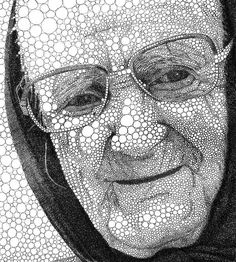 an old woman with glasses and a hoodie is depicted in this black and white photo