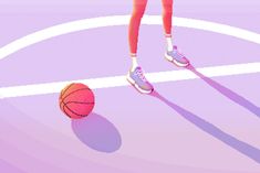 a person standing in front of a basketball on a purple court with the shadow of another person's feet