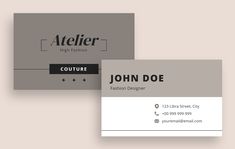 two gray business cards with black and white lettering on the front, one is for atelier