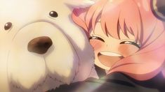 an anime character hugging a big white dog