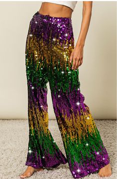 Mardi Gras Sequin wide leg Pants.  This Mardi Gras Sequin wide leg Pants    will have you so cute for all of the parades y’all!   Oversized fit  💜💚 💛THIS PREORDER SHIPS MID DECEMBER    📌  𝗧𝗛𝗘𝗥𝗘  𝗔𝗥𝗘  𝗡𝗢  𝗖𝗔𝗡𝗖𝗘𝗟𝗟𝗔𝗧𝗜𝗢𝗡𝗦   𝗢𝗡   𝗣𝗥𝗘𝗢𝗥𝗗𝗘𝗥  𝗜𝗧𝗘𝗠𝗦 ! 𝗪𝗲  𝗽𝘂𝗿𝗰𝗵𝗮𝘀𝗲  𝘁𝗵𝗲𝘀𝗲   𝗶𝘁𝗲m𝘀  𝗳𝗿𝗼𝗺  𝗼𝘂𝗿  𝗩𝗲𝗻𝗱𝗼𝗿  𝘄𝗵𝗲𝗻  𝘆𝗼𝘂𝗿   𝗼𝗿𝗱𝗲𝗿  𝗶𝘀   𝗽𝗹𝗮𝗰𝗲𝗱 . Sequin Wide Leg Pants, Mardi Gras Attire, Mardi Gras Dress, Christmas Bride, Bride Birthday, Color Block Pattern, Sequin Pants, Party Pants, New Years Dress