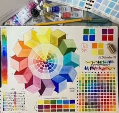 an artist's workbook with watercolors, markers and pens on it