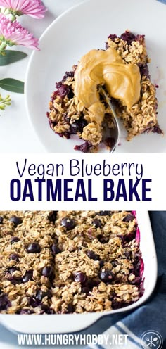 blueberry oatmeal bake on a white plate with a spoon in it