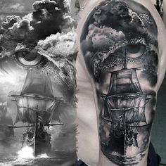 a man's half sleeve with an image of a pirate ship in the ocean