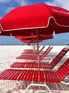 red beach chairs and umbrellas lined up on the beach