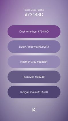 Tones Color Palette Dusk Amethyst #73448D · Dusty Amethyst #8272A4 · Heather Gray #9588B4 · Plum Mist #665985 · Indigo Smoke #514473 Amethyst Color Palette, Amethyst Color, Mood Board Design