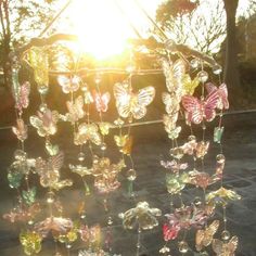 the sun is shining through some glass butterflies