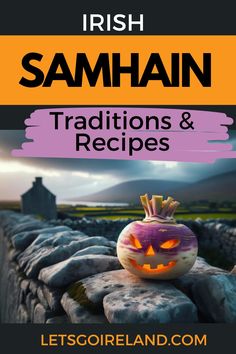 Irish Samhain Symbol of a lighting Jack O'Lantern turnip with a face cut out of it placed on an Irish stone wall Irish Halloween Traditions, Traditional Samhain Recipes, Samhain For Kids, Norse Holidays, Samhain Symbols, Samhain Food, Irish Symbols And Meanings, Samhain Crafts, Celtic New Year