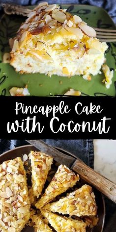 pineapple cake with coconut on top is shown in this collage, and there are slices cut out