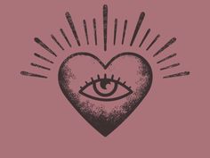 a heart with an eye and rays coming out of the center, on a pink background