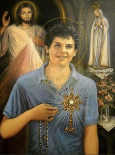 a painting of a man wearing a blue shirt with an ornate cross on his chest