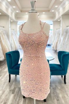 Pink Sparkly Prom Dresses Short, Light Pink Sparkly Homecoming Dress, Pink Glitter Dress Short, Elegant Pink Sequin Dress For Homecoming, Pink Mini Sequin Dress For Prom, Light Pink Hoco Dress Sequin, Sparkly Hoco Dress, Pink Hoco Dress, Dress Short Tight