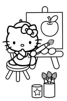 hello kitty is painting an apple on the easel with her brush and pencils