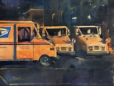 watercolor painting of orange postal vans parked in front of an office building at night