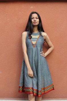 LIBERATE THE SAREE - Mogra Designs Cotton Dress Pattern, Grey Boho, Ikkat Dresses, Frock Fashion, Sari Dress