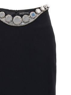 Cashmere Circle Embroidery' skirt in a viscose blend with jewel appliqué at the waist, a back zip closure and a back split. Composition: 52% acetate 45% viscose 3% elastane Elegant Embellished Pencil Skirt, Glamorous Embellished Pencil Skirt, Elegant Embellished Long Skirt, Glamorous Embellished Long Skirt, Glamorous Long Embellished Skirt, Embellished Long Evening Skirt, Embellished Evening Skirt, Elegant Embellished Formal Bottoms, Elegant Embellished Mini Skirt For Formal Occasions