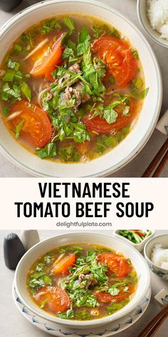 a bowl of Vietnamese tomato beef soup with coriander Rau Ram Recipes, Tomato Side Dishes, Easy Vietnamese Recipes, Asian Soup Noodle, Vietnamese Cuisine, Beef Soup