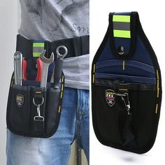 a man holding a tool belt with tools in it and an image of the back pocket