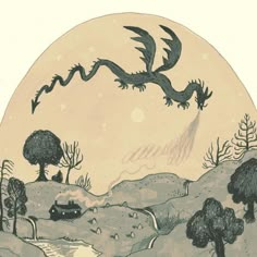 a drawing of a dragon flying over a river in the middle of a field with trees