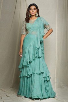 Buy Anushree Reddy Green Chiffon Pre-draped Ruffle Saree With Blouse Online | Aza Fashions Ruffle Saree Designs, Ruffle Blouse Designs, Chiffon Embroidery, Ruffle Sarees, Indian Kurti Designs, Western Dresses For Women, Draped Saree, Sleeves Embroidery, Anushree Reddy