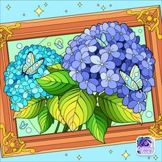 a painting of blue flowers in a wooden frame with butterflies on the window sill