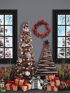 Rustic Christmas Log Tree Photography Backdrop - Rustic log Christmas trees with snowflakes and holiday decorations in front of frosted windows Winter Windows, Windows Photo, Portable Backdrop, Christmas Trees Decorated, Christmas Log, Wreath Hanging, Wrapped Gifts, Winter Window, Christmas Portraits