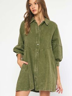 olive denim babydoll button down dress by entro on model from front Icon Dress, Collared Mini Dress, Babydoll Style Dress, Olive Tone, Iconic Dresses, Babydoll Style, Dress Aesthetic, Denim Mini Dress, Back View