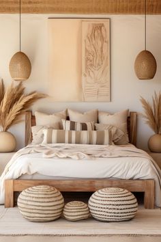 a large bed sitting in a bedroom next to two vases