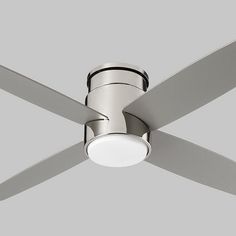 a ceiling fan with a light on the top and two blades in front of it