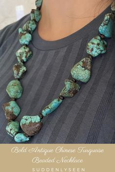 This piece of jewelry is hand strung out of antique Chinese turquoise beads.The rock shaped turquoise stones are bright blue and green with a show a spiderwebbing matrix in each stone.It is extraordinary! Artisan Turquoise Stones Necklace, Artisan Turquoise Stone Necklace, Artisan Beaded Turquoise Chrysocolla Necklace, Turquoise Chrysocolla Necklace With Stones, Turquoise Chrysocolla Stone Necklace, Unique Hand-strung Turquoise Beaded Necklace, Southwestern Turquoise Chrysocolla Necklace, Artisan Turquoise Beaded Necklaces With Stones, Artisan Turquoise Beaded Necklace With Gemstone