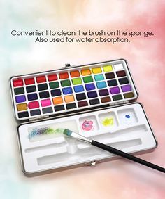 an open watercolor box with a brush in it and the words convenience to clean the brush on the sponge also used for water absorbion