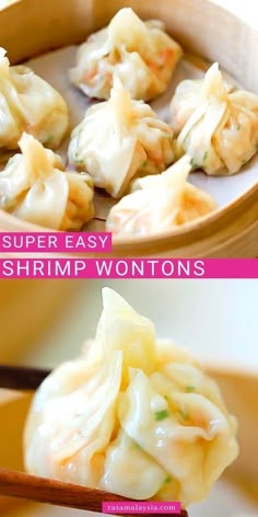 dumplings in a bowl with chopsticks and the words best shrimp wontons