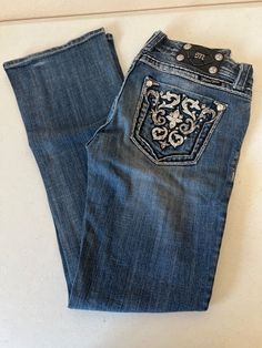 Miss Me JP5395BV Boot Blue Jeans Size 28 Silver Leather Embroidered Booty Pocket Very Well, Miss Me, Blue Jeans, Jeans Size, Shoe Accessories, Women Accessories, Things To Sell, Boots, Clothes For Women