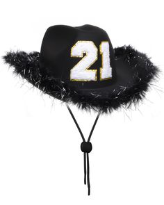 a black hat with the number 21 on it and feathers around the brimmings