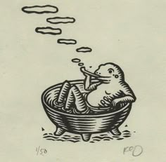 a drawing of a man in a bathtub with bubbles coming out of his mouth