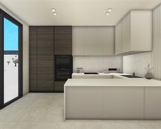 a modern kitchen with white counter tops and black appliances