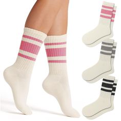 PRICES MAY VARY. Womens Athletic Socks;Package included multiple of different each color striped crew socks.Machine wash, cold water wash, air / tumble dry, no ironing. Women athletic socks are perfect for everyday wear or most outdoor sports activities Fun Novelty Socks;The retro trend set off in recent years,most of bloggers like to wear striped socks with fashion clothes/shoes.3Pairs striped fun crews socks with a retro striped design, it goes well with any clothes for exercise or daily use. Socks Package, Yarn Making, Socks Packaging, Socks Cotton, Pants Skirts, Purple Leggings, Winter Leggings, Sporty Casual, Socks For Women