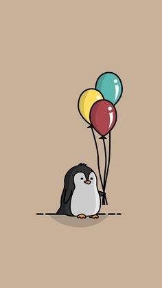 a penguin with balloons floating in the air