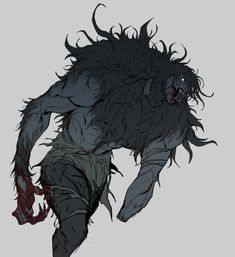 a drawing of a monster with long hair and claws on it's back legs