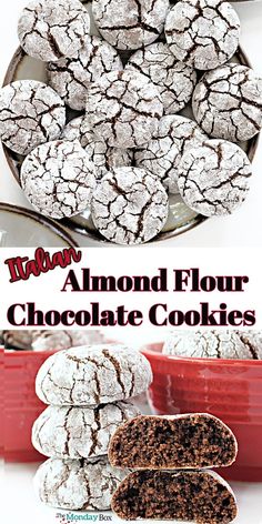 there is a plate full of chocolate cookies on the table with text overlay that reads, make almond flour chocolate cookies